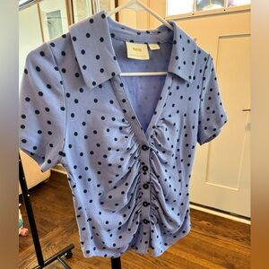 Maeve from Anthropologie Blue Polka Dot Ruched Button Front Blouse
